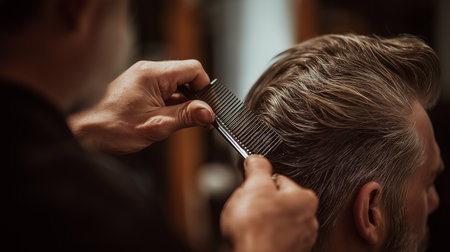 A man enjoys a precise haircut in an exclusive salon, surrounded by a stylish and calm setting.の素材