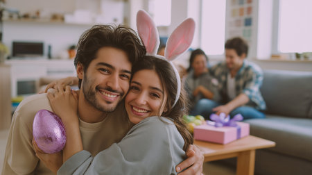 A young Brazilian woman hugs her boyfriend warmly while celebrating with friends in a cozy setting.の素材