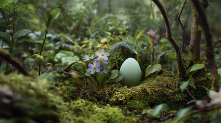 A pastel egg sits among bright wildflowers and greenery, embodying spring's essence.の素材