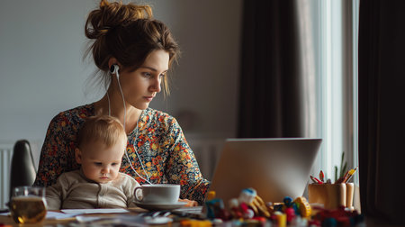 Focused mother multitasks with her baby while working on a laptop in a cozy home setting.の素材