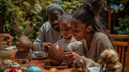 A black family joyfully explores a big chocolate egg together in their garden on a sunny day.の素材
