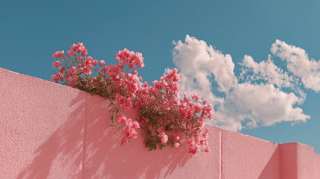 Bright white flowers cascade over a soft pink wall, set against a clear blue sky with clouds.の素材