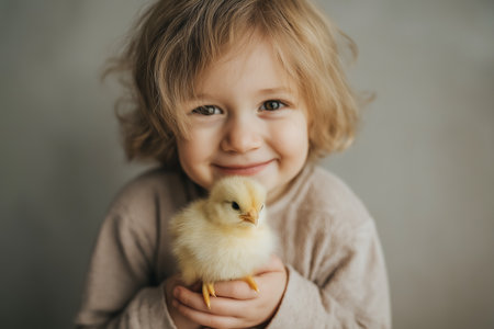 Bright-eyed boy beams with happiness as he gently holds a soft chick in his small hands.の素材