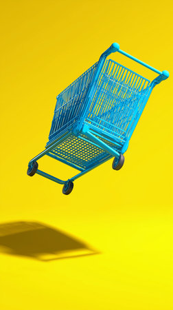 A cartoonish blue shopping cart is suspended in the air, casting a shadow on a sunny yellow surface.の素材