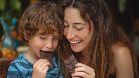 A mother and son share laughter and sweet chocolate moments in a cheerful Brazilian atmosphere.の素材