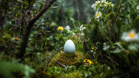 A pastel egg rests gently on moss surrounded by blooming flowers and vibrant greenery.の素材