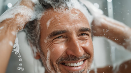 A fit man smiles while washing his hair in a colorful, water-filled bathroom.の素材