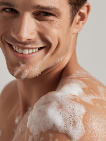 Bright lighting showcases the young man's smile, reflecting happiness and freshness.の素材