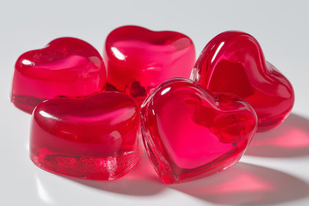 Bright pink heart jellies rest on a smooth white surface, ready to delight!の素材