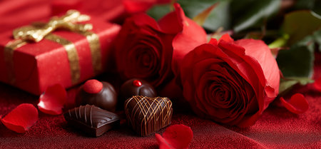 A beautiful Valentine's Day card with bright red roses, rich chocolates, and a charming gift box.の素材