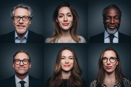 Six individuals showcase their unique personalities and styles in a professional studio setting.の素材