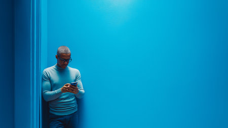 A man stands against a vibrant blue wall, absorbed in his smartphone during a quiet moment.の素材