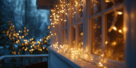 Twinkling lights frame a warmly lit window, creating a cozy winter scene full of festive cheer.の素材