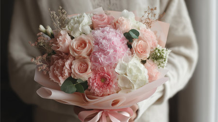 A person holds a lovely bouquet filled with pink roses, white hydrangeas, and delicate greenery.の素材