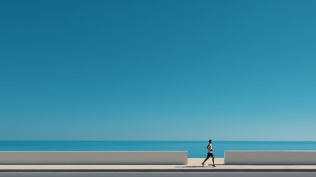 A person jogs a calm coastal path, embracing a minimalist and healthy lifestyle.の素材