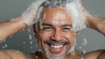 A man in great shape smiles brightly as he washes his hair with bubbles in a warm shower.の素材