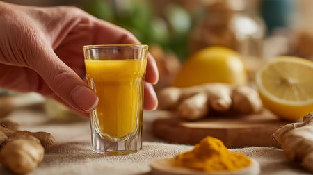 A hand cradles a vibrant turmeric shot surrounded by ginger and lemon on a rustic table.の素材