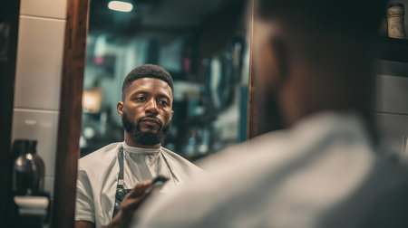 A focused man sits in a sleek barbershop, ready for a fresh haircut as he looks in the mirror.の素材