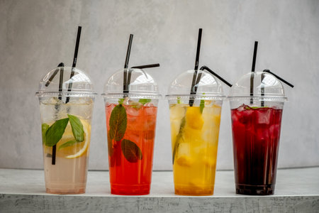 A selection of refreshing beverages showcases bright colors and fresh ingredients, enticing viewers.の写真素材