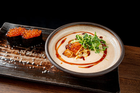 Rich broth surrounds perfectly cooked noodles and delicious ingredients, creating a comforting dish.