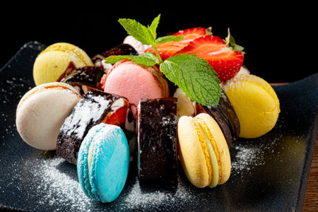 Colorful macarons paired with rich chocolate treats garnished with fresh mint.