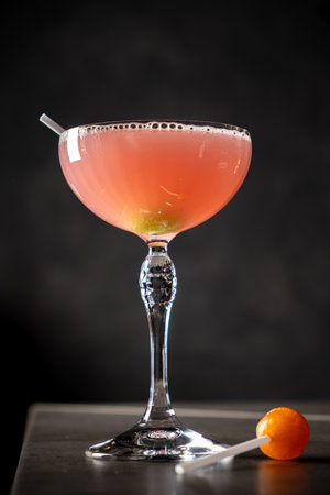 A vibrant cocktail on the bar invites guests to savor its delicious flavors.の写真素材
