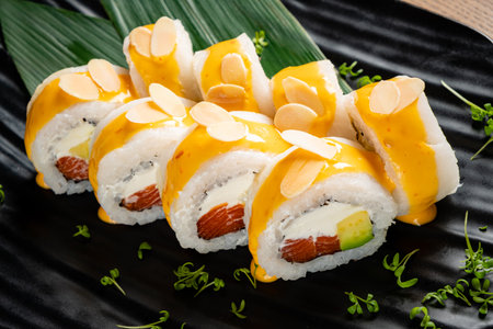 Sushi rolls with cream cheese, avocado, crunchy almonds, and sweet mango drizzle.の写真素材
