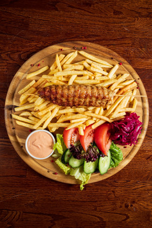 Enjoy a delicious meal featuring golden fries and a vibrant salad of vegetables.の写真素材
