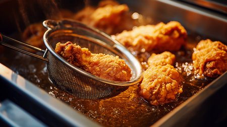 Golden brown fried chicken sizzles in hot oil, creating an inviting and appetizing atmosphere.の素材