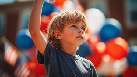 A young child proudly raises the American flag among colorful balloons at a festive event.の素材
