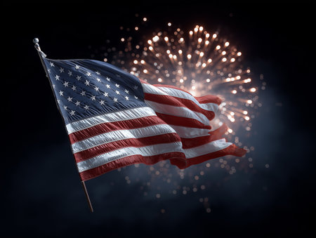Bright fireworks light up the sky as the American flag waves proudly on Independence Day evening.の素材