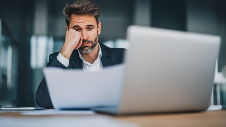 Owner analyzes important documents, showing a thoughtful expression while seated in a sleek office.の素材
