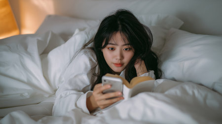 A Korean woman relaxes in bed with her smartphone, cozy amidst fluffy pillows.の素材