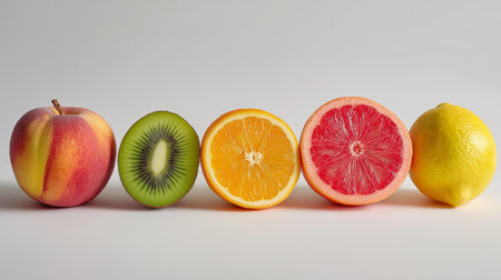 A vibrant lineup of fruits: peach, kiwi, orange, grapefruit, and lemon.の素材