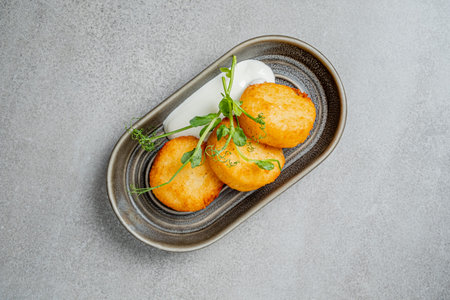 Golden potato cakes garnished with vibrant herbs, accompanied by a smooth, savory dip.