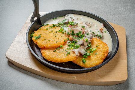 Delicious crispy patties topped with savory cream sauce and fresh herbs create a delightful meal.の写真素材