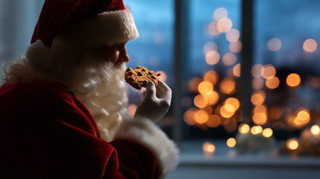 A silhouette of Santa savoring a cookie, surrounded by twinkling lights on a cozy evening.の素材