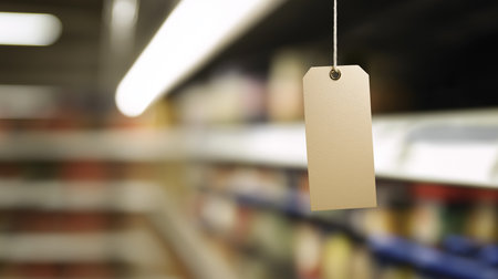 A blank tag dangles gently from the supermarket shelf, waiting for a price or message.の素材