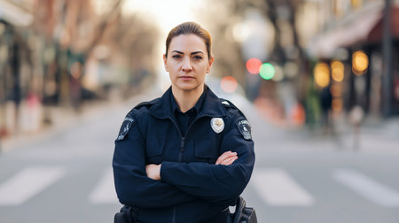A police officer stands with arms crossed, focused on her surroundings in a busy city area.の素材