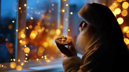 A faceless Santa silhouette savors a cookie, gazing at dazzling lights outside the window.の素材