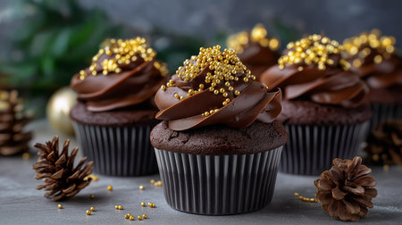 Savor rich dark chocolate brownies topped with glossy frosting and a golden touch.の素材