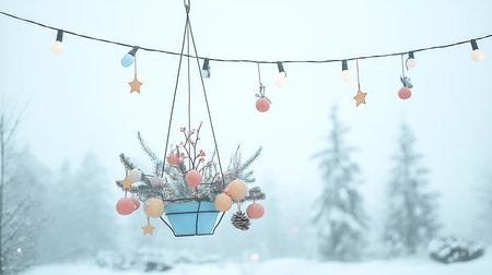 A hanging basket of greenery and colorful ornaments brightens the snowy landscape.の素材