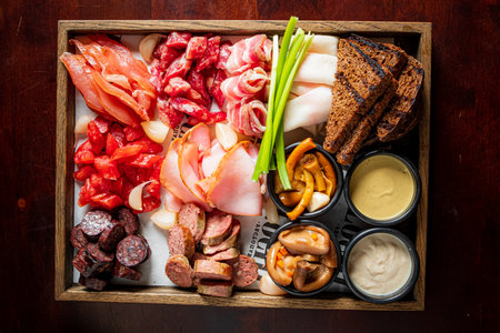 A colorful platter of cured meats, cheeses, pickles, and spreads on the dining table.の写真素材