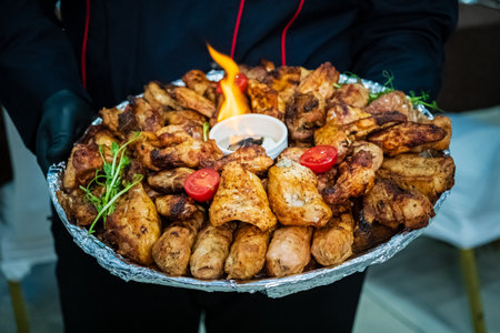A joyful gathering with grilled chicken wings, sausages, and fresh greens on a vibrant platter.の写真素材