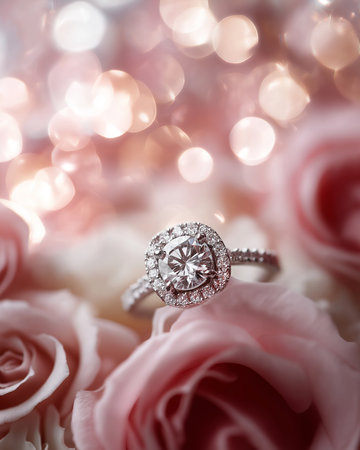 A dazzling diamond ring is showcased among beautiful pink roses, radiating love and romance.の素材