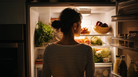 A woman stands in front of an open refrigerator, contemplating the fresh ingredients inside.の素材