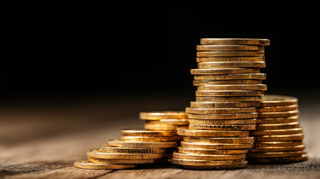 Glistening gold coins form a tall stack on aged wood, reflecting warm light in a cozy setting.の素材