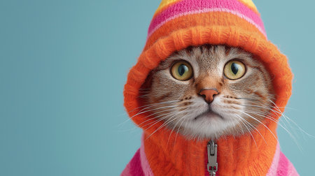 Fluffy cat wearing a vibrant sweater looks curiously at the camera, radiating charm and warmth.の素材