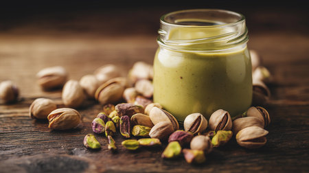 A clear glass jar of smooth pistachio butter sits beside whole and shelled pistachios.の素材