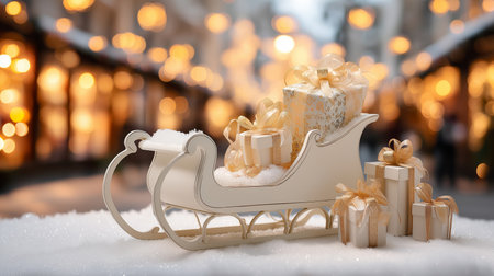 A beautifully crafted white sleigh filled with elegant presents glistens in a snowy market.の素材